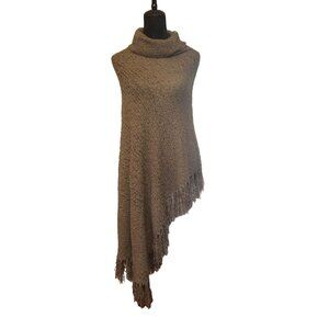 Fringed Knit Poncho Cape With Cowl Neck By Charlie Paige, OS